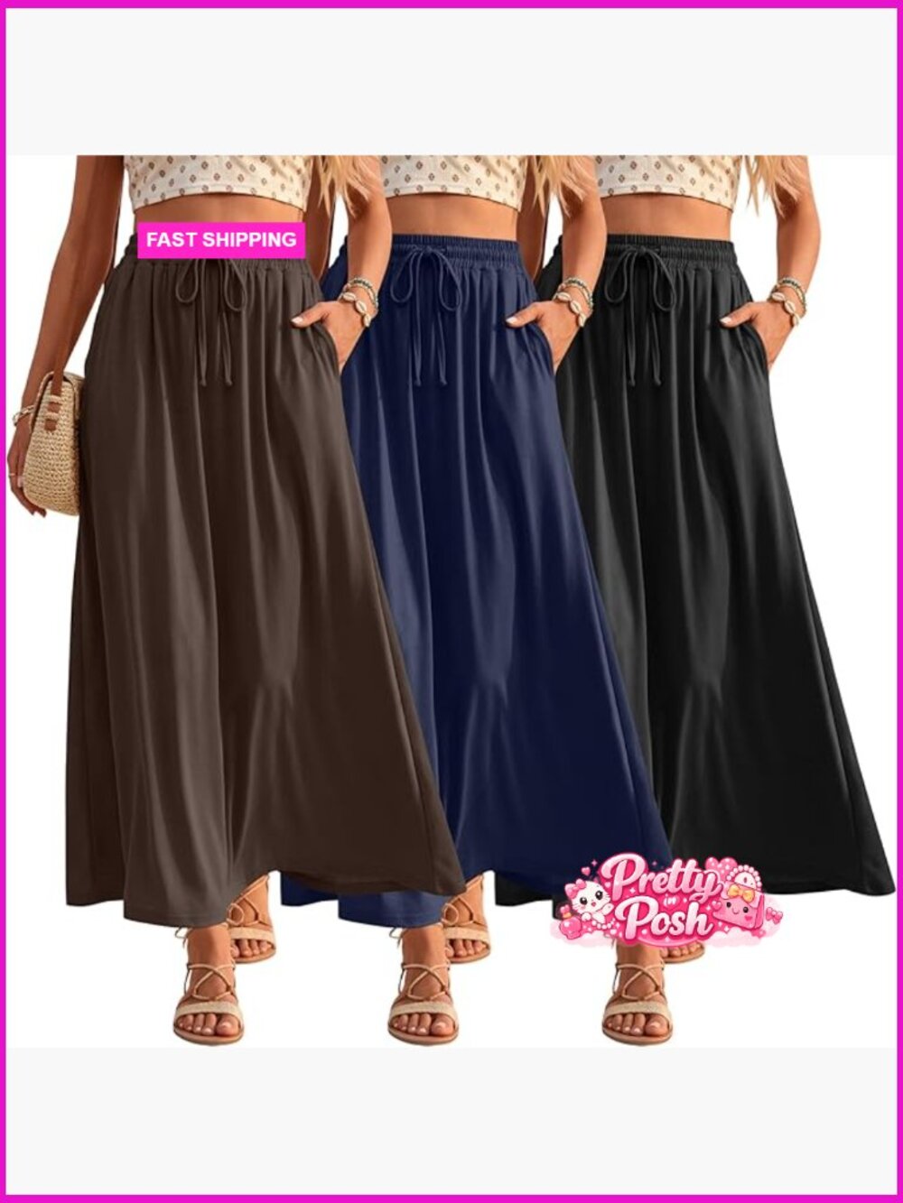3 Pack Women's Maxi Long Skirts Ankle Length A Line Elastic High Waist Summer